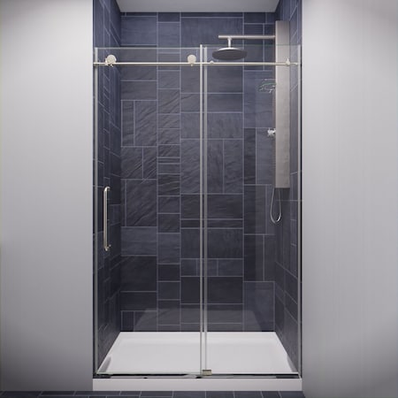 Anzzi 48 in. x 76 in. H Sliding Frameless Shower Door in Brushed Nickel w/ Tsunami Guard Tempered Glass SD-AZ13-01BN